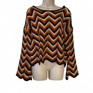 Boho 70s Chevron Crochet Bell Sleeve Sweater 2X Retro Fall Knit